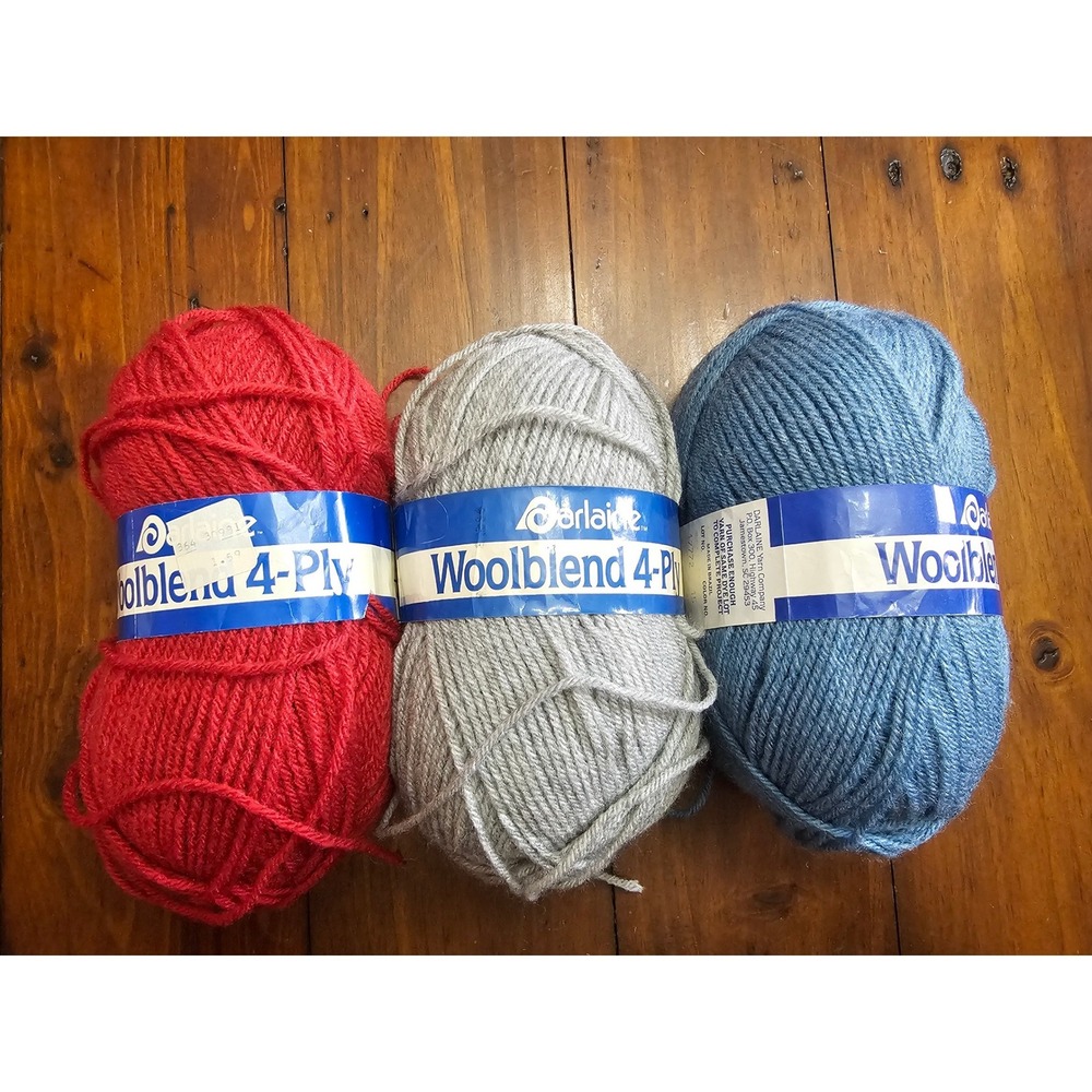 Darlaine Woolblend 4-Ply Yarn Lot 3 Skeins Red Gray Blue 25% Wool‎ 100g Each